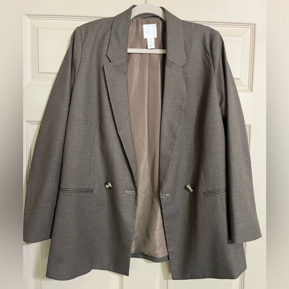 H&M Taupe Micro-Check Oversized Blazer